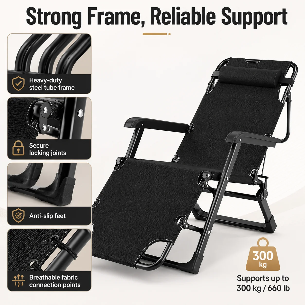 Folding Recliner Chair 180° Adjustable Lounge Chair Portable Nap Cot Wide Padded Camping Chair for Office Home Balcony