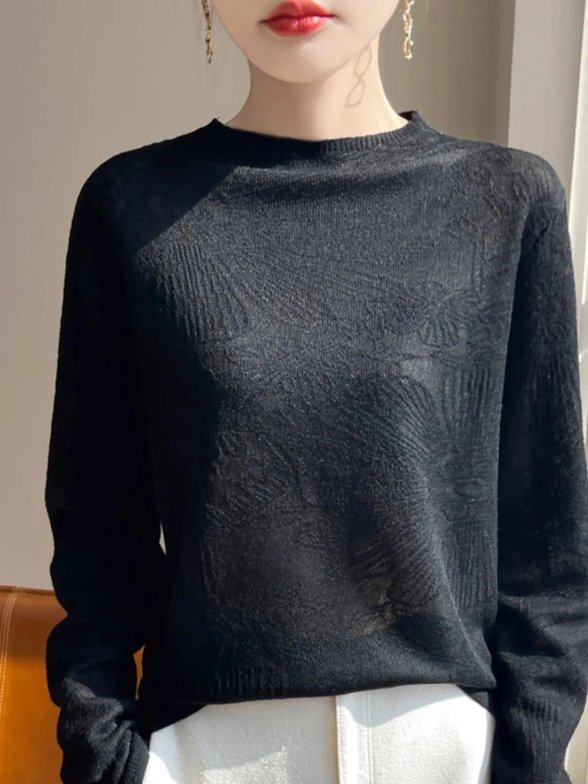 Jesienno-zimowy sweter damski z dzianiny, z wysokim kołnierzem, z efektem 3D, casualowy, uniwersalny, ciepły, długi, prosty krój.