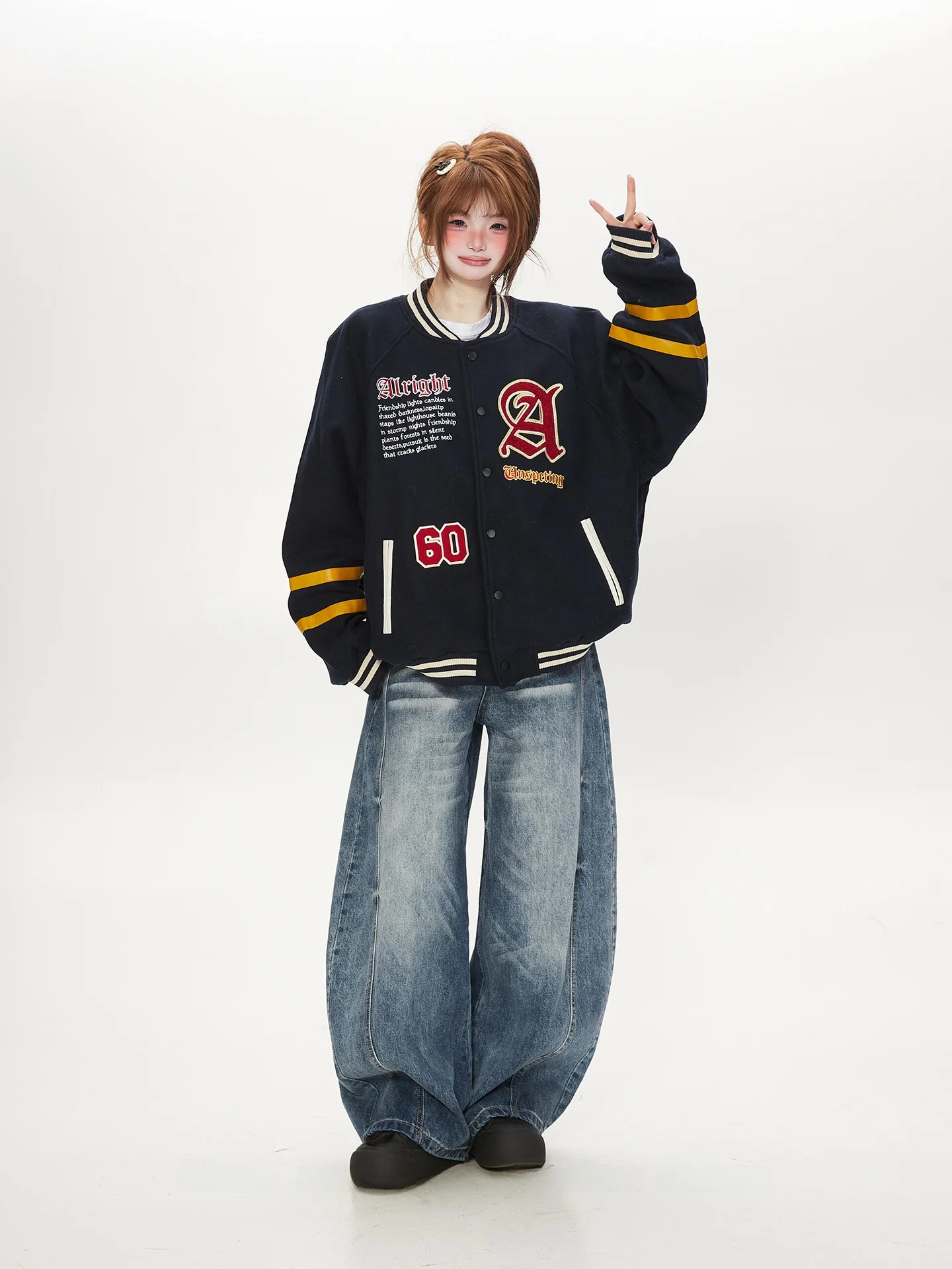 

Retro American Towel Embroidery Jaet Loose Motorcycle Workwear Baseball Jersey Women's Spring Autumn High Sensation Coat