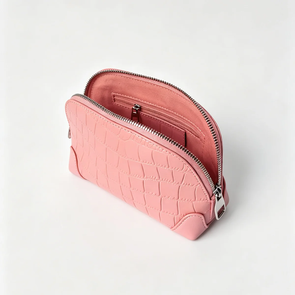 Geprägter Kosmetikbeutel aus Leder mit Krokodil-Optik, großer Stauraum, mehrere Taschen, Handtaschen-Organizer für Toilettenartikel, Reise, rosa Ausführungen. – Detail 38