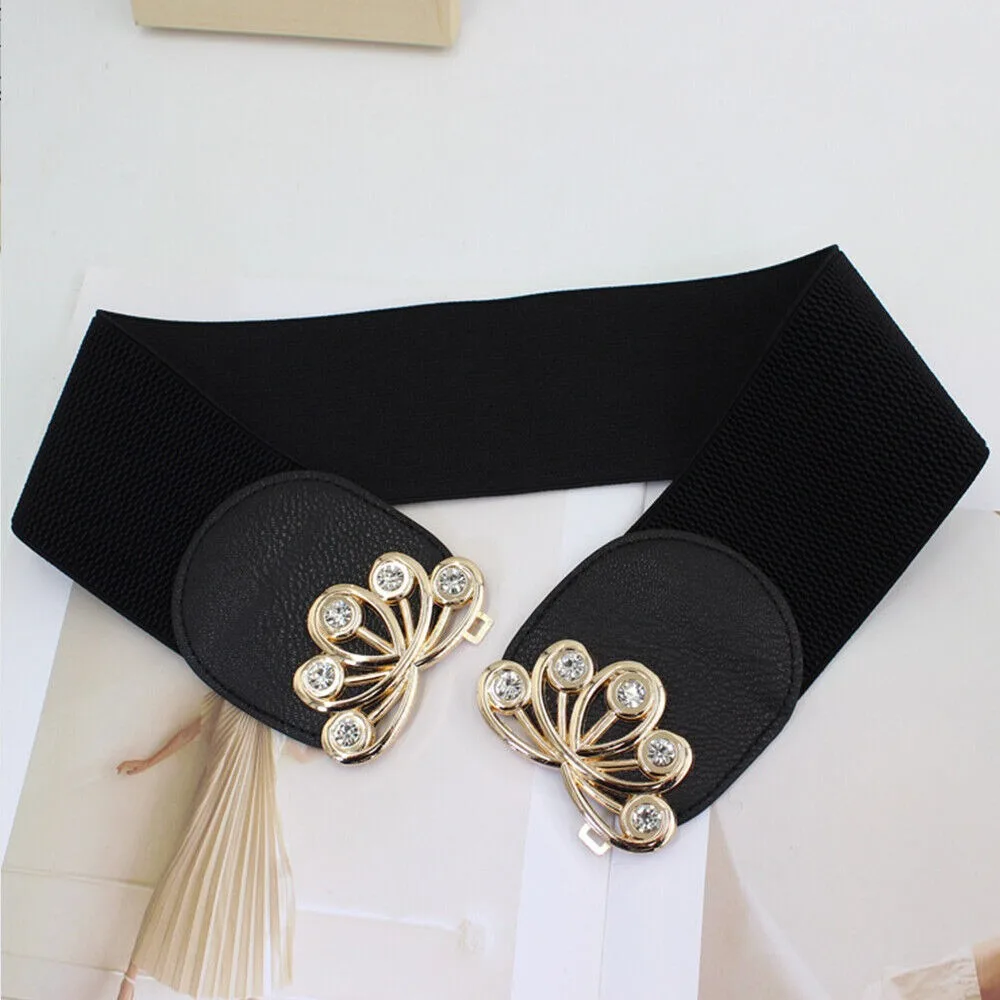 女性用メタルバックル付きラージサイズウエストバンド、ファッショナブルなストレッチベルト、ワイドラインストーン、ブラック