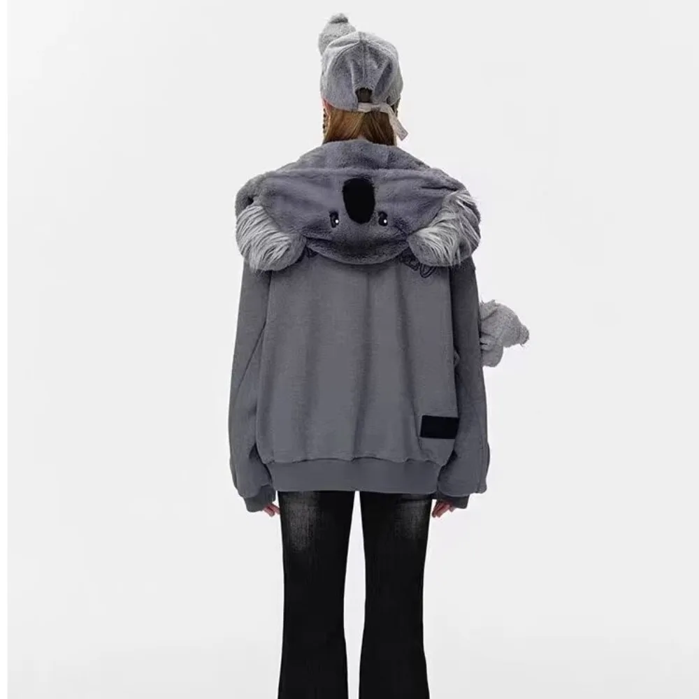 テスコ グレー コアラ デコレーション オーバーサイズ ジップアップ パーカー スウェットシャツ - カジュアル デイリーウェア