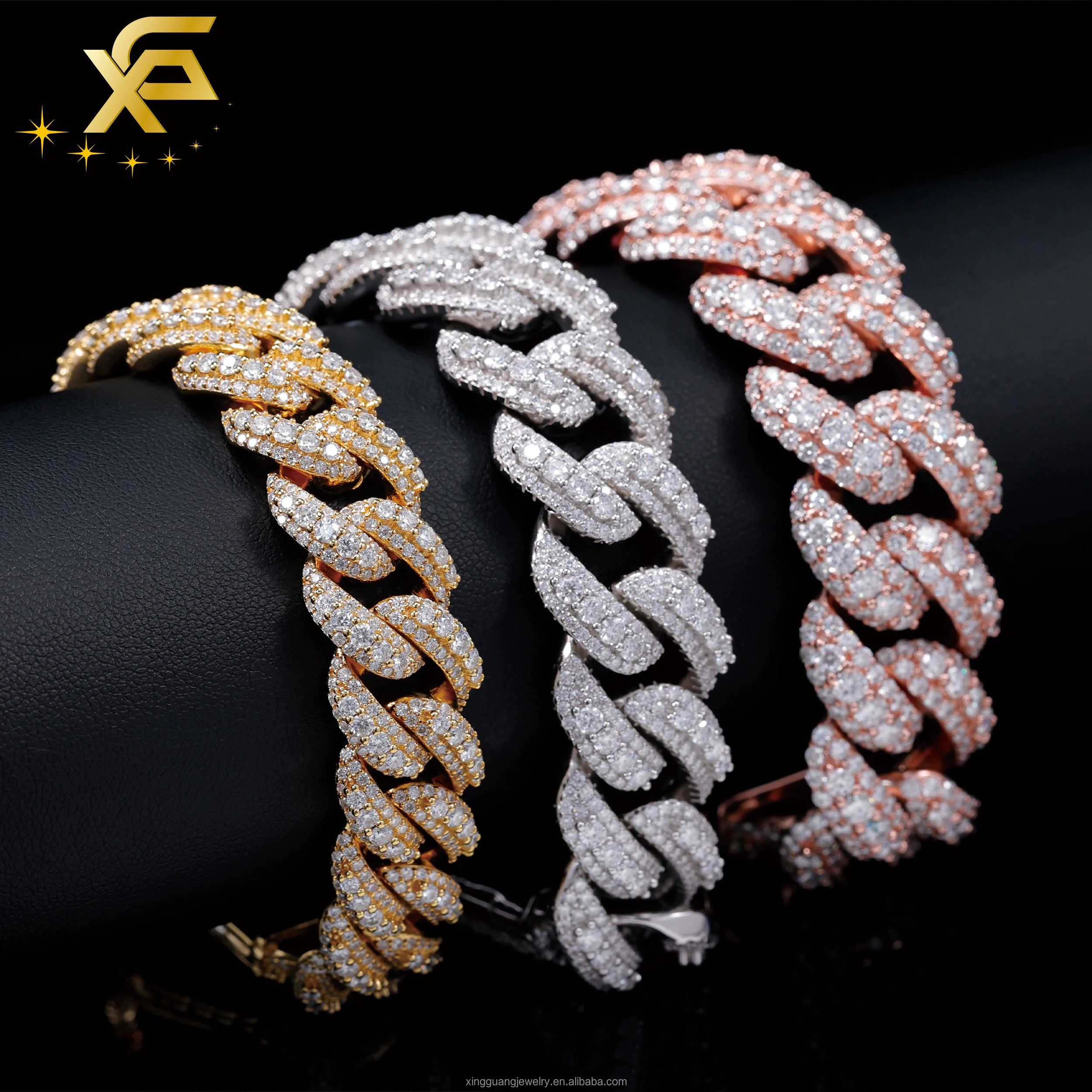 Hot Selling Pass Diamond Tester 925 Solid Silver 14mm 16mm 18mm 3Rows Iced Out Hip Hop VVS1 Moissanite Cuban Link Chain Bracelet