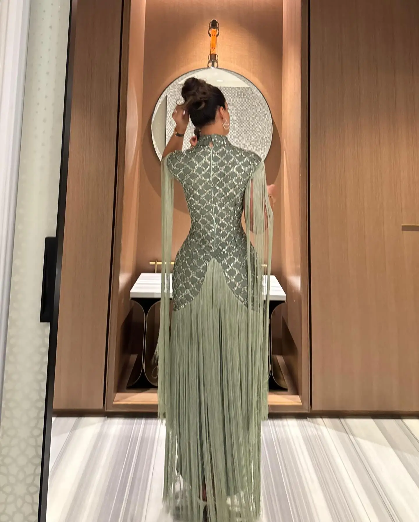 Sansa Customized Elegant Sage Green Tulle Formal Dresses High Neck Lace Applique Tassel Evening Gowns Vestidos De Noche 2026 image 5