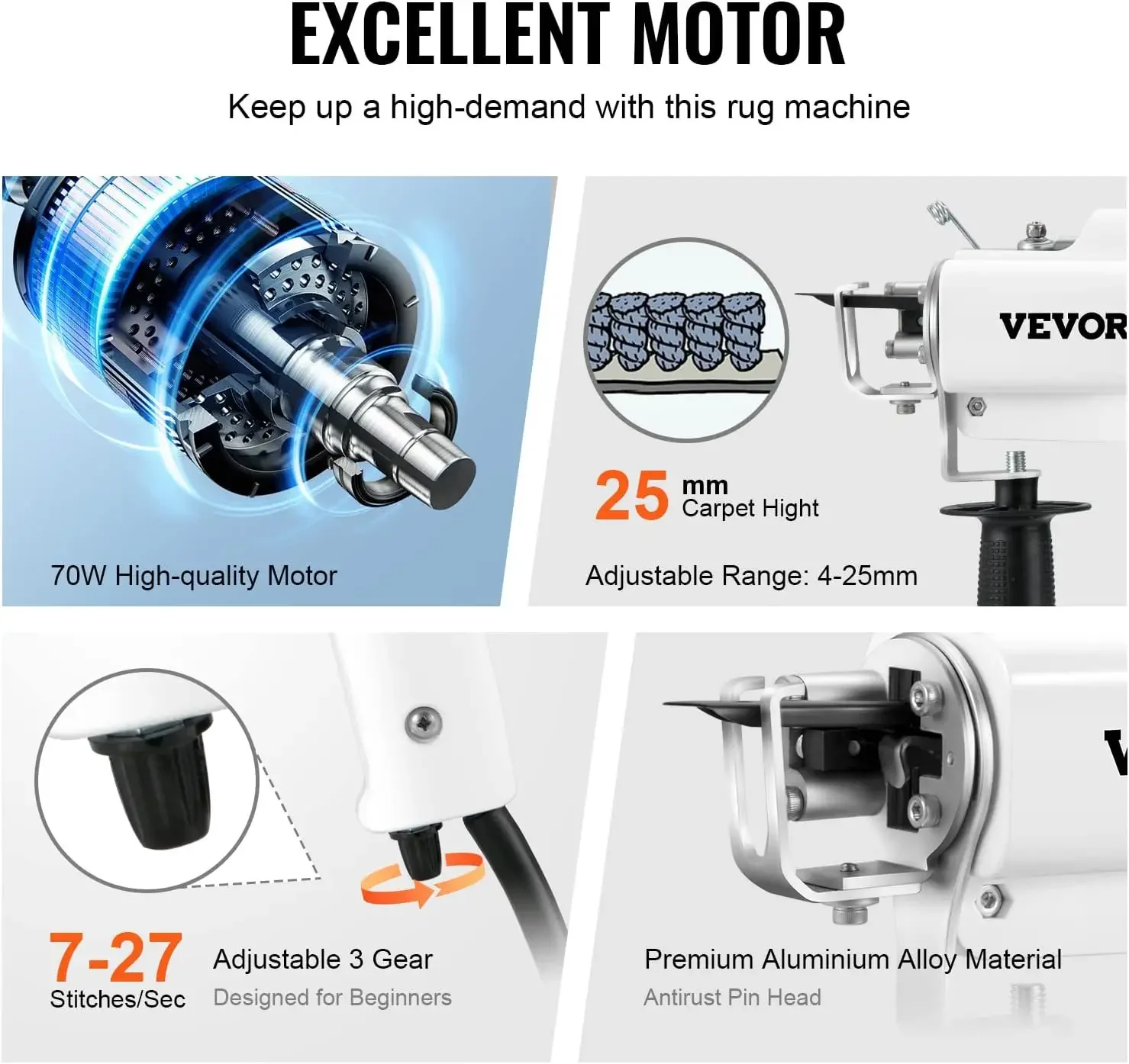 Tufting Gun, Cut Pile Electric Carpet Weaving Flocking Machine, Rug Machines Starter Kit, 7-27 Stitches/sec High Speed Rug