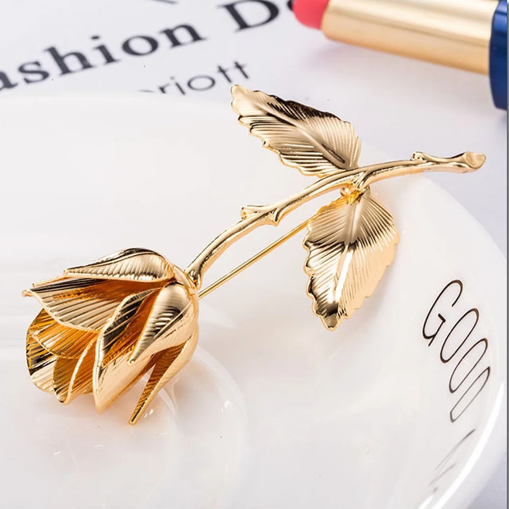 

Golden Rose Brooch Pin Metal Flower Breastpin Decorative Dress Accessories for Women Girls Wedding Party Gift Alloy Brooch