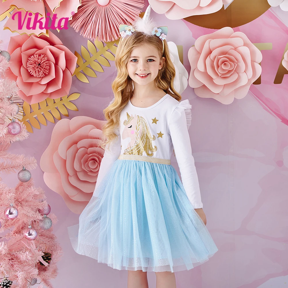 VIKITA Kids Licorne Cartoon Print Dress Girls Flare Sleeve Autumn Spring Winter Vestidos Girls Princess Mesh Tulle Party Dress