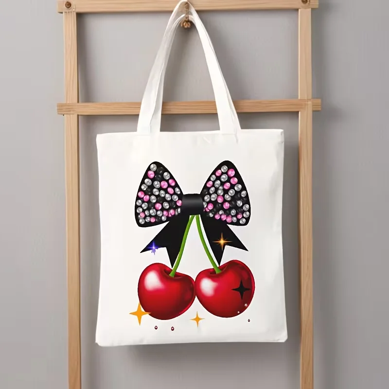 حقيبة يد نسائية بطبعة الكرز - حقيبة يد قماشية شديدة التحمل مع كرز أسود وأبيض، محفظة مستطيلة واسعة للسفر