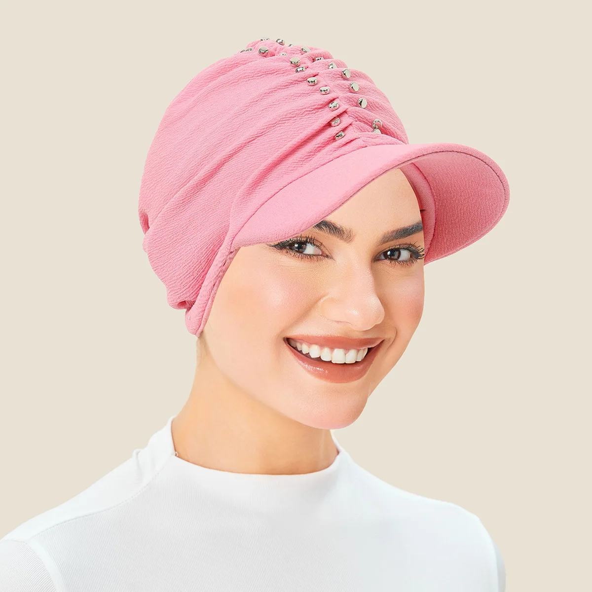 Moslim Vrouwen Brede Rand Hoed Diamanten Tulband Vizier Hoeden Baseball Cap Mode Geplooide Hoofddoek Motorkap Haaruitval Hoofddeksels Outdoor