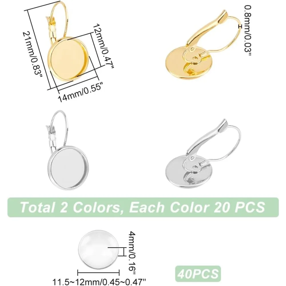 40 مجموعات 2 ألوان 304 الفولاذ المقاوم للصدأ Leverback القرط الحافة صينية 12 مللي متر شقة مستديرة فارغة كبوشن صينية مكونات القرط