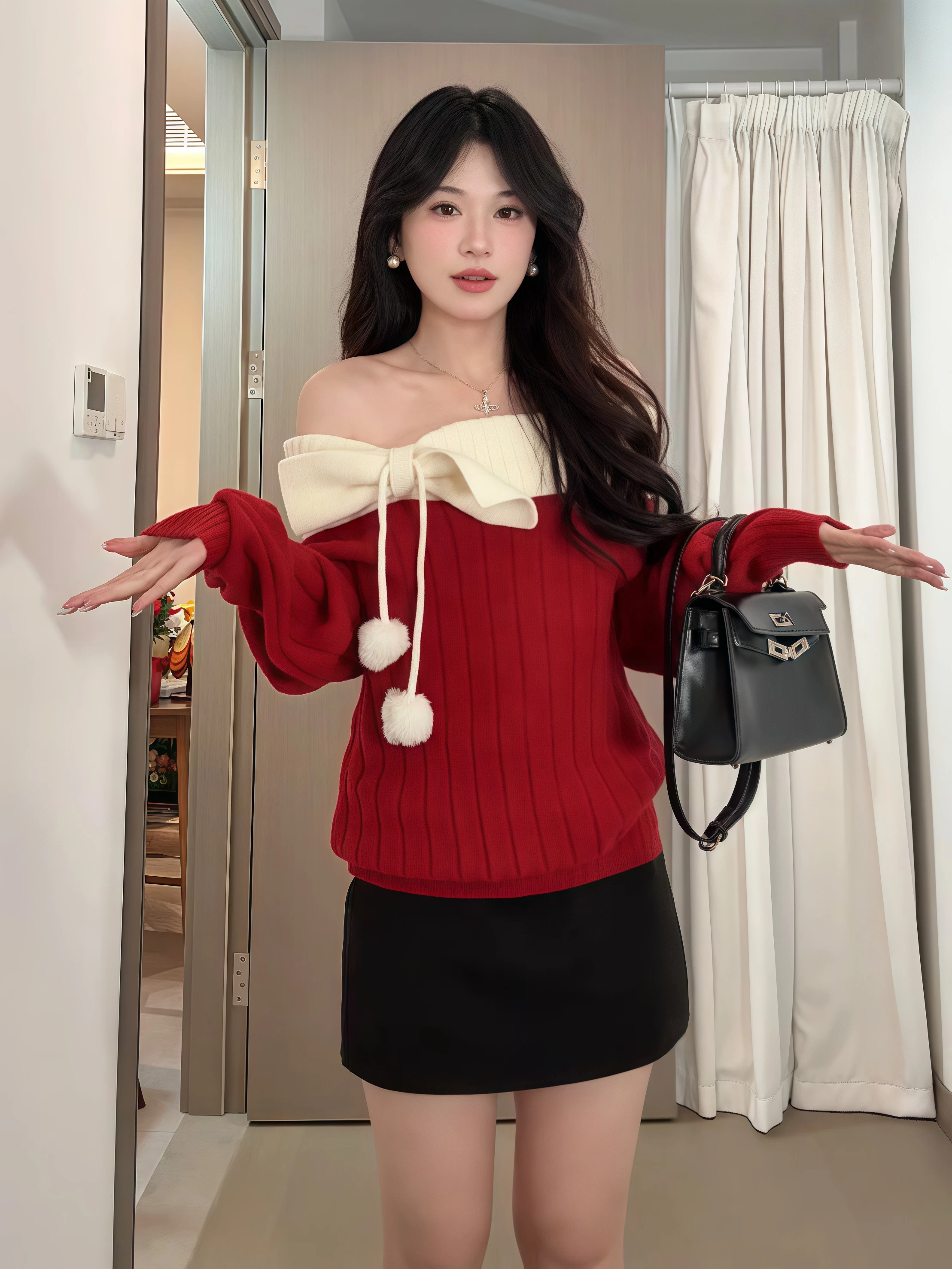 Rote One-Shoulder-Strickwaren mit Knoten, weiches, gemütliches Damen-Herbst-Winter-Faion, einzigartiges Oberteil für Neujahrsoutfit