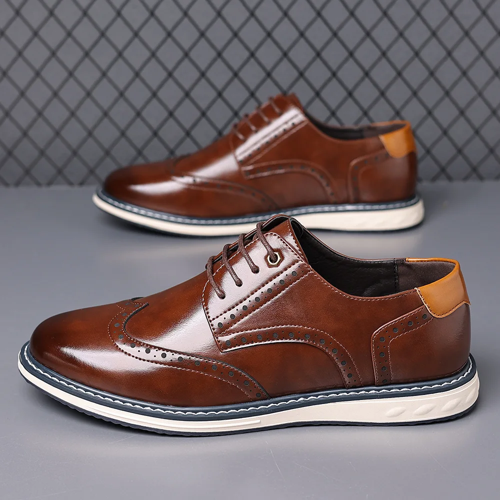 

Spring New Shoes for Men Leather Casual Shoes British Style Flat Skateboard Shoes Cool Lace-up Brogues Loafers Big Size