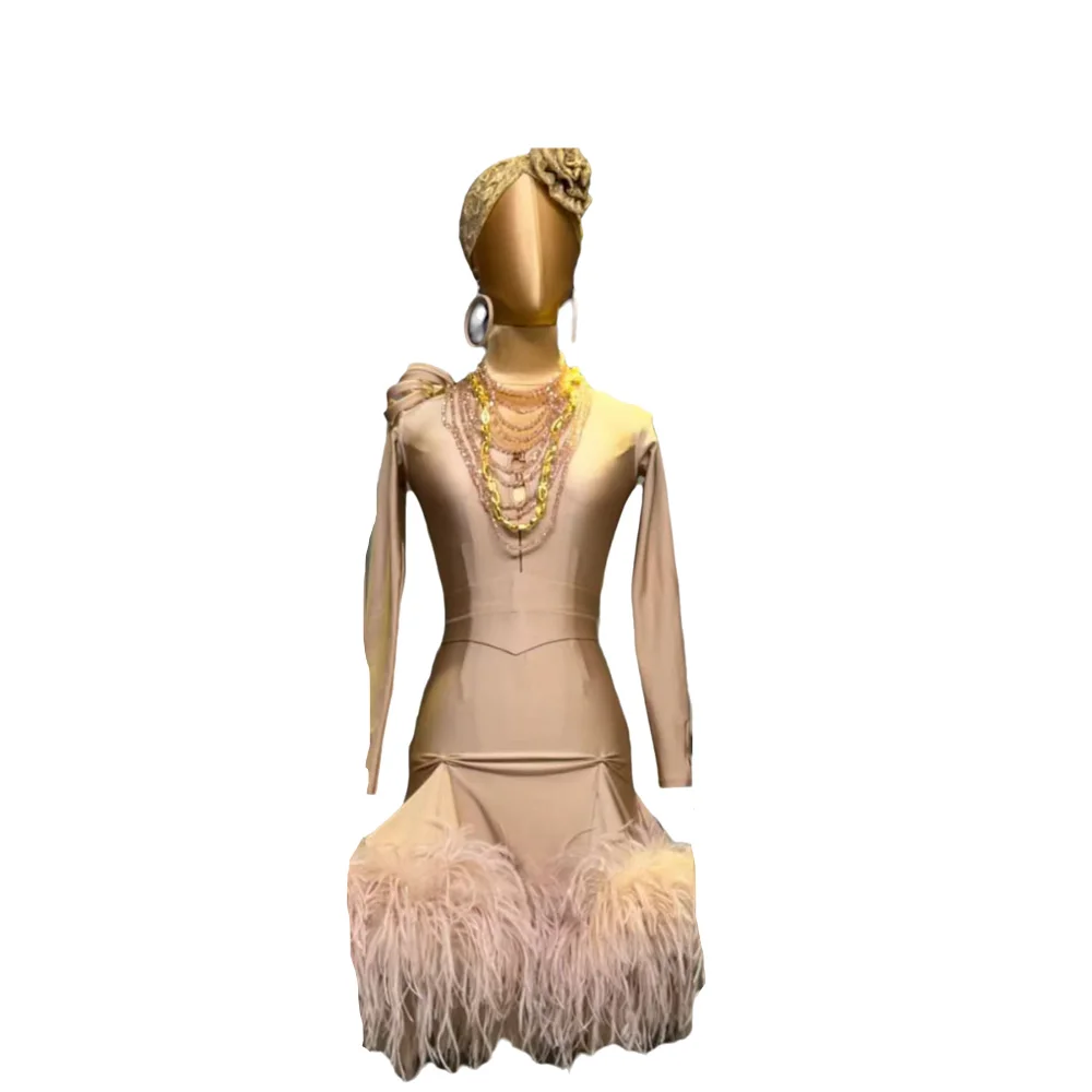 

Latin Dancers, Adults, Children, High-End Customized Nude Ostrich Hair, Big Swing Tango Samba AB Stone Performance Dress