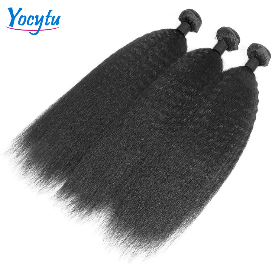 YOCYTU Kinky Straight Human Hair Bundles Brazilian Weave Bundles Human Hair For Black Women 1/3 PCS Yaki Straight Natural Black Remy Hair Extension Thick End 2-5 Days Fast Shipping