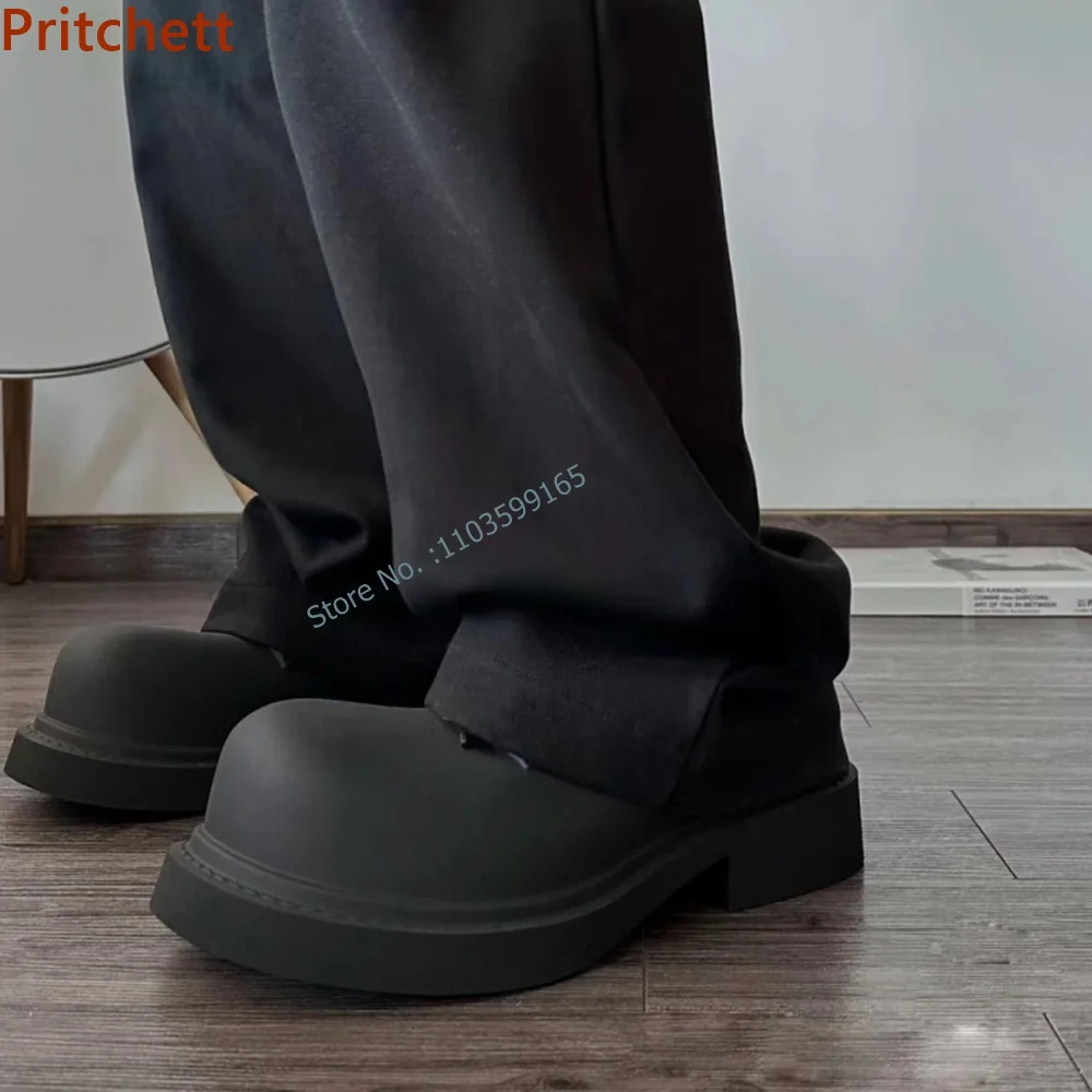 Thick Soled Mid Calf Boots Round Toe Solid Black Platform Cross Lace Up Sewing Leisure Shoes Spring Concise Comfortable Shoes