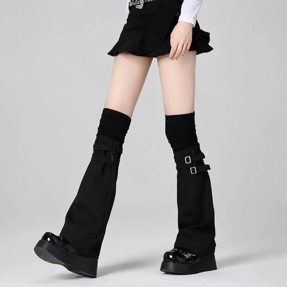 Sweet Y2K Knee Over Socks Keep Warm Leather Buckle High Tube Socks Black White Harajuku Socks Women Girls