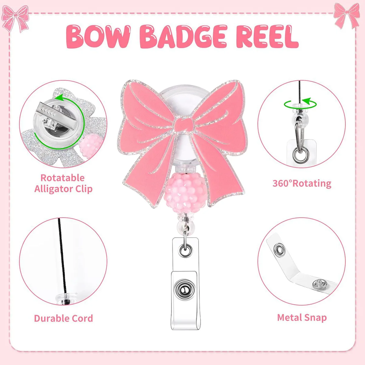 Rosa Schleifen-Abzeichenrolle, niedliche Abzeichenrolle mit Krokodilklemme, Ausweishalter, lustiger, glitzernder, einziehbarer Abzeichenrollen für die Krankenpflege – Detail 4