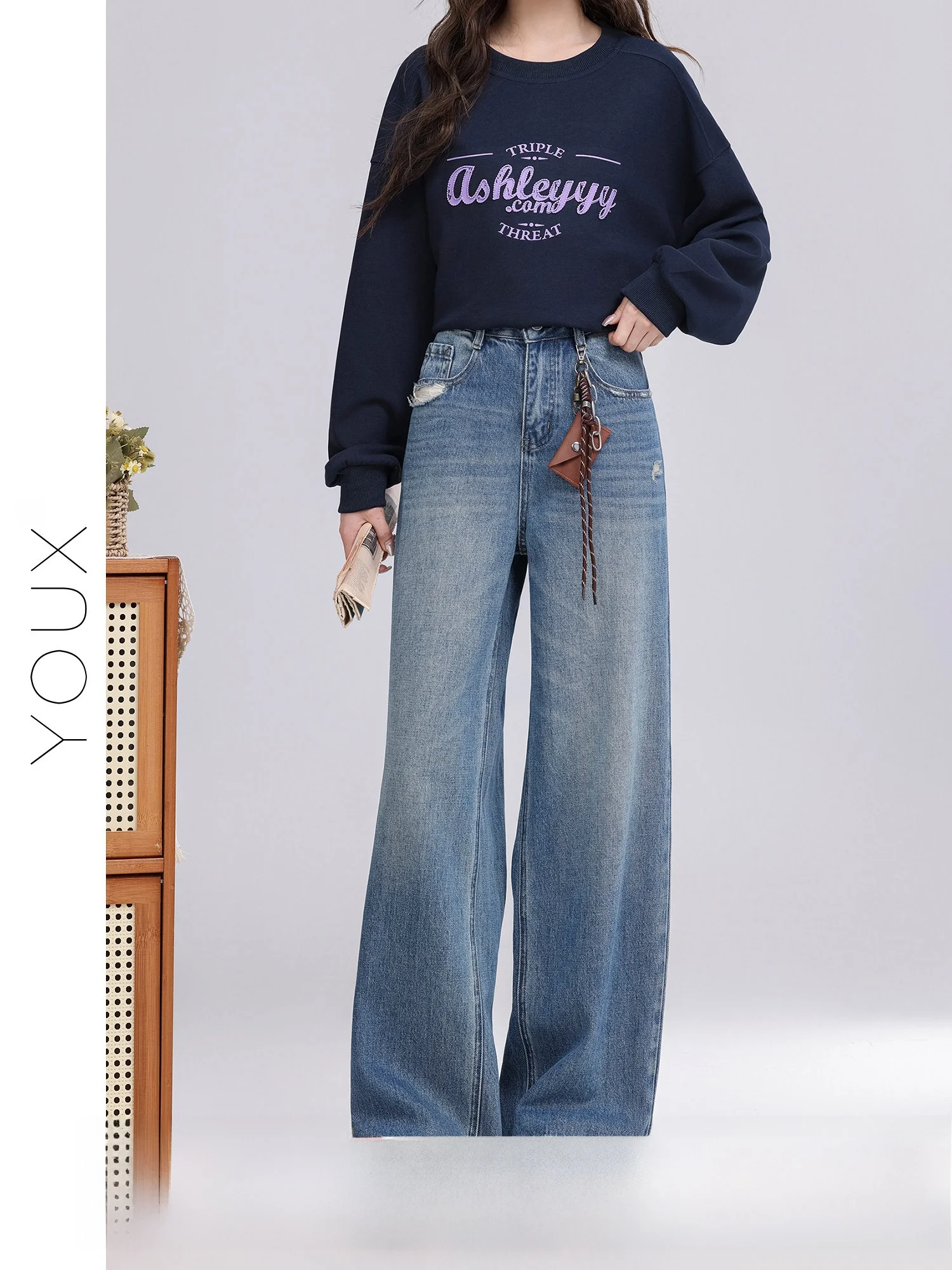 

Синие джинсы с высокой талией и широкими штанинами, женские, весенние, новые, универсальные, удобные, для повседневной носки, китайский бренд Yuxiang