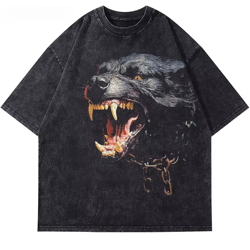 2024 Streetwear Beast Rottweiler Dog Vintage Black Washed T-Shirt Hip Hop Punk Gothic Loose Harajuku Top Oversize Yk2 Tee Unisex