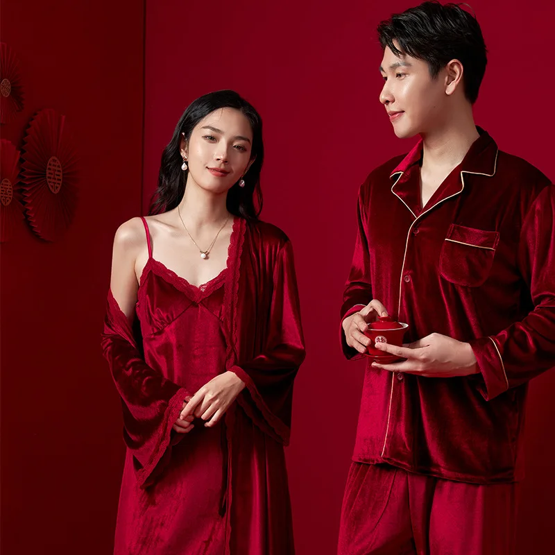 Burgundy Velvet Bride Long Robe Nightgown Set Wedding Gift Couple Sleepwear Autumn Winter Velour Loose Home Wear Lounge Wear