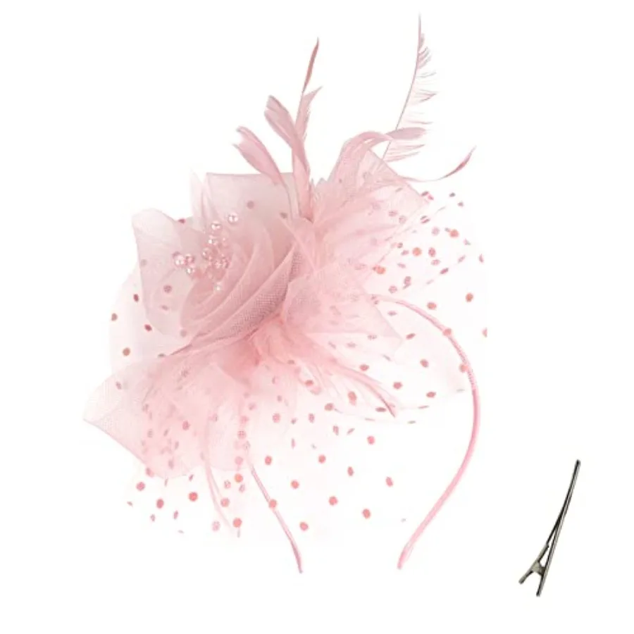 QDC Fascinators for Women Tea Party Headband Hats Cocktail Flower Mesh Feathers Headwear Hair Clip for Wedding