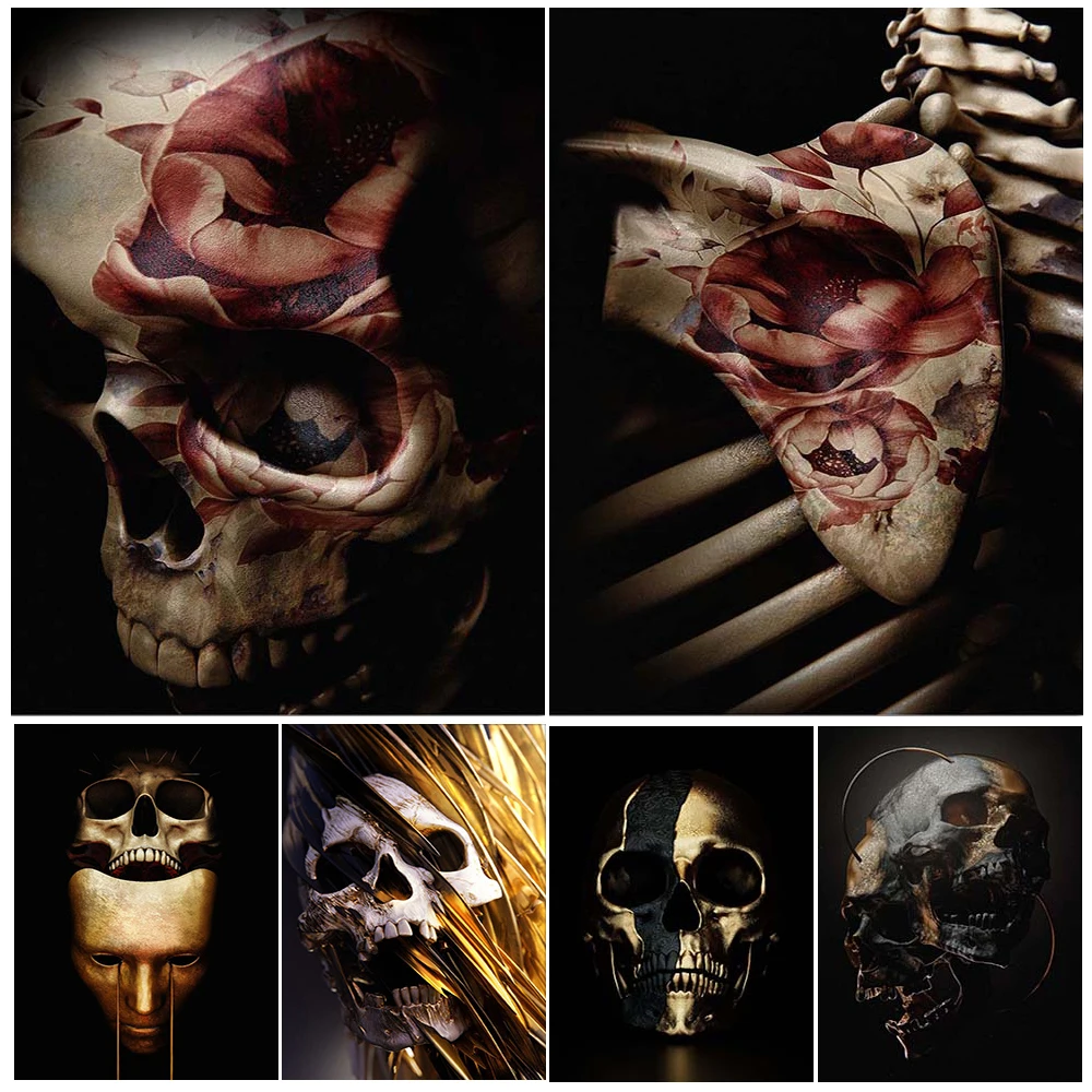 

Black-White And Gold Skull Dark Art Poster And Print Dark Surreal Gothic Wall Art Canvas Painting For Living Room Decor Unframed