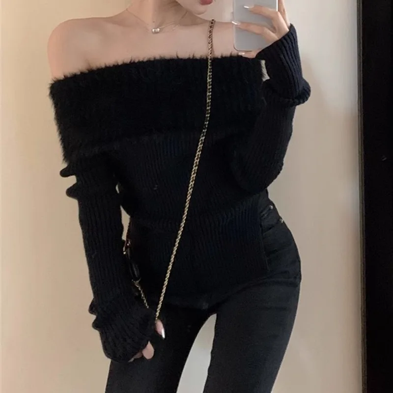 

Chic Water Rabbit Velvet oulder Bared Sweater Women's Autumn Winter Faion Unique Pure Desire Spicy Girl Base Layer irt