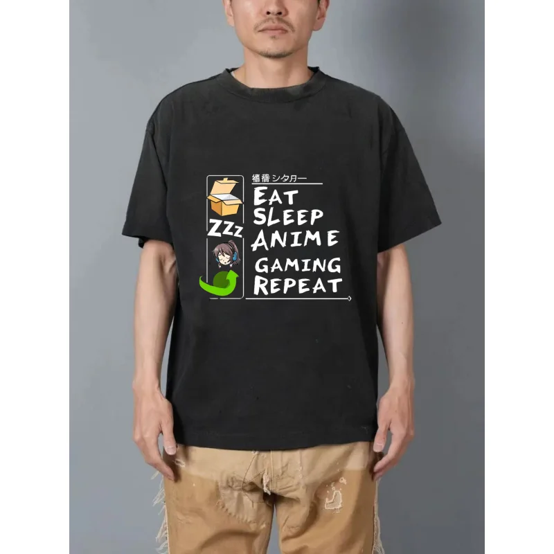 

Men's Washed T-Shirt Black Eat Sleep Anime Gaming Repeat Printed Pattern High Quality 100% Cotton 230g