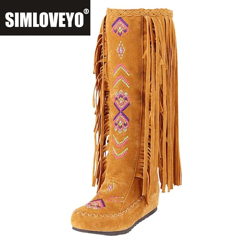 

SIMLOVEYO Fashion Nation Flock Leather Women Fringe Flat Heels Long Boots Spring Autumn Tassel Knee High Boots
