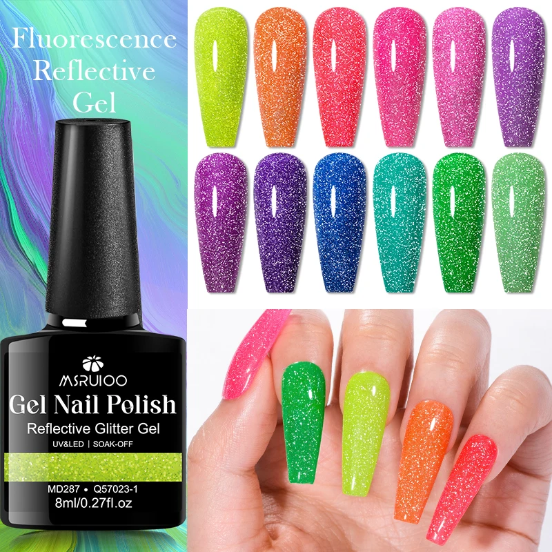 

MSRUIOO 8 мл MSRUIOO Красочные сломанные бриллианты Гель-лак для ногтей Флуоресцентный светоотражающий лак для ногтей Мигающие ногти HEMA/TPO БЕСПЛАТНО