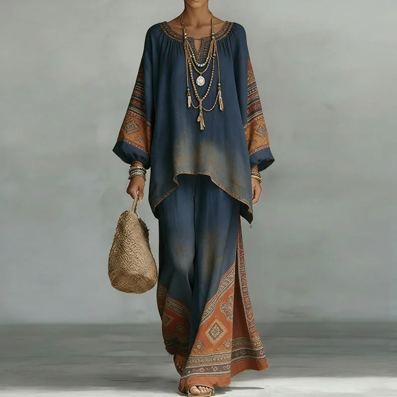Spring Geometric Print Vintage Clothing Woman Outfit Chic Batwing Sleeve Asymmetric Hem Top+Pants Set Summer Loose Vacation Suit