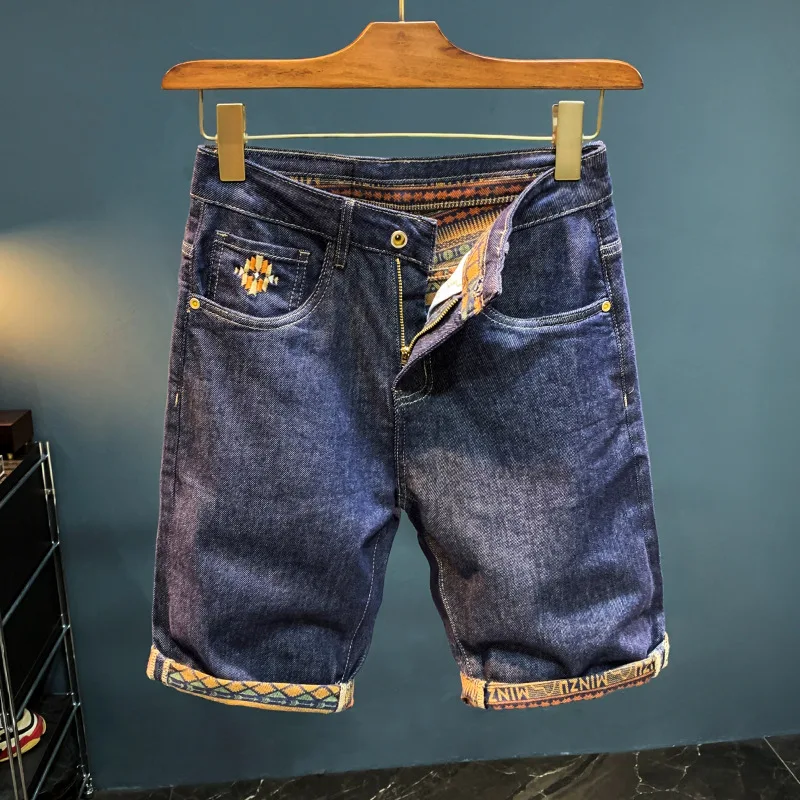 Retro Ethnic Print Fifth Jeans Men2024Summer New Trendy High-End and Fashionable Straight Short Pants Stretch Casual Shorts