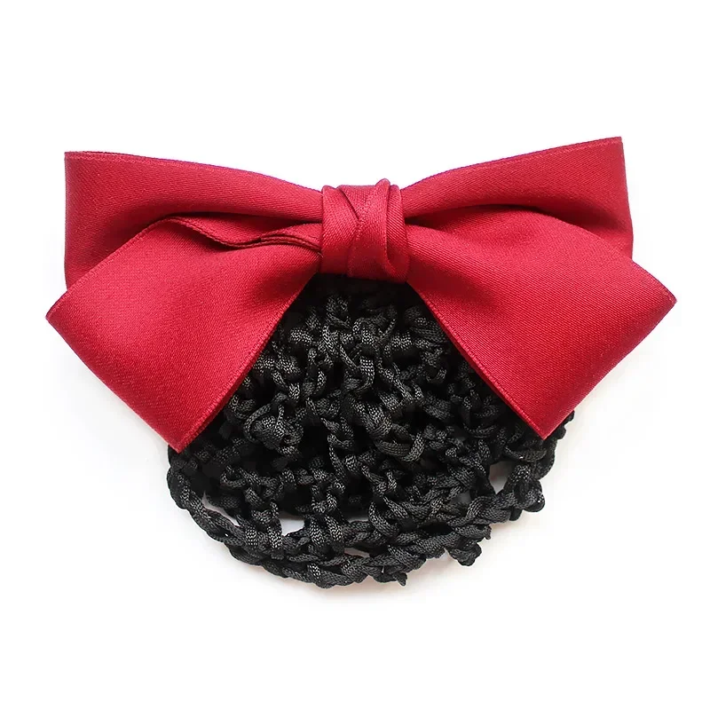 Elegant Ladies Professional Net Pocket Hairpin Hairgrips Red Solid Head Flower Hair Clips Bow for Bank Nurse Girls Accessories