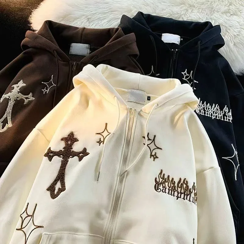 Sudadera con capucha de manga larga con bordado cruzado para mujer, ropa de calle gótica de Hip Hop, chaqueta con capucha, abrigo Y2k, Harajuku