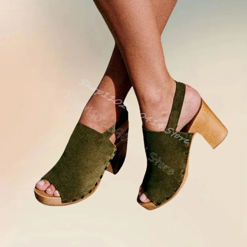 

Green Corduroy Rivets Decor Wooden Heel Sandals Buckle Strap Women Shoes Chunky High Heels Party Feast 2025 Zapatos Para Mujere