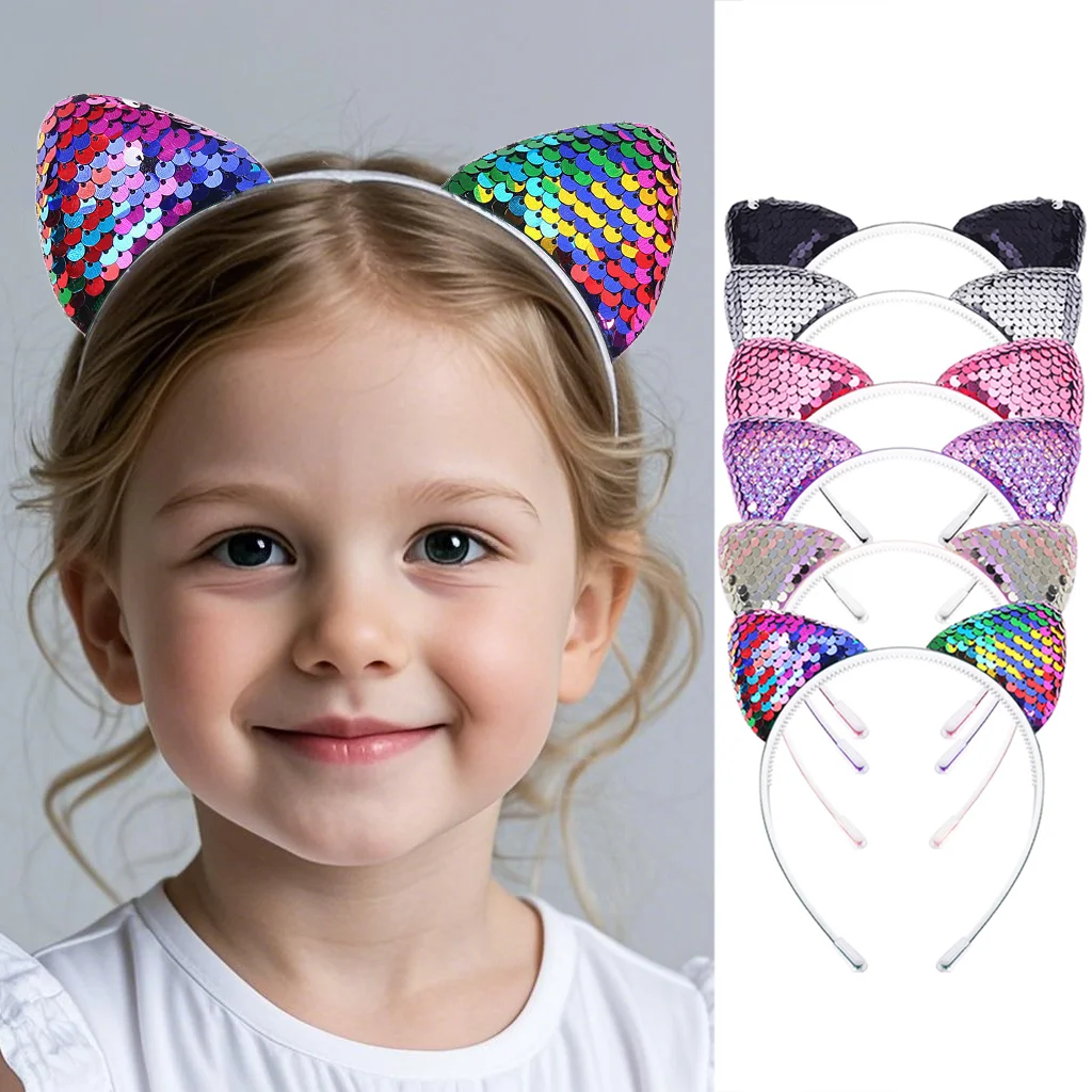 Sequin Cat Ears Headband Shiny Hair Hoops Cute Bling Kitty Hairband Hair Accessories for Girls Daily Wearing Party Decoration