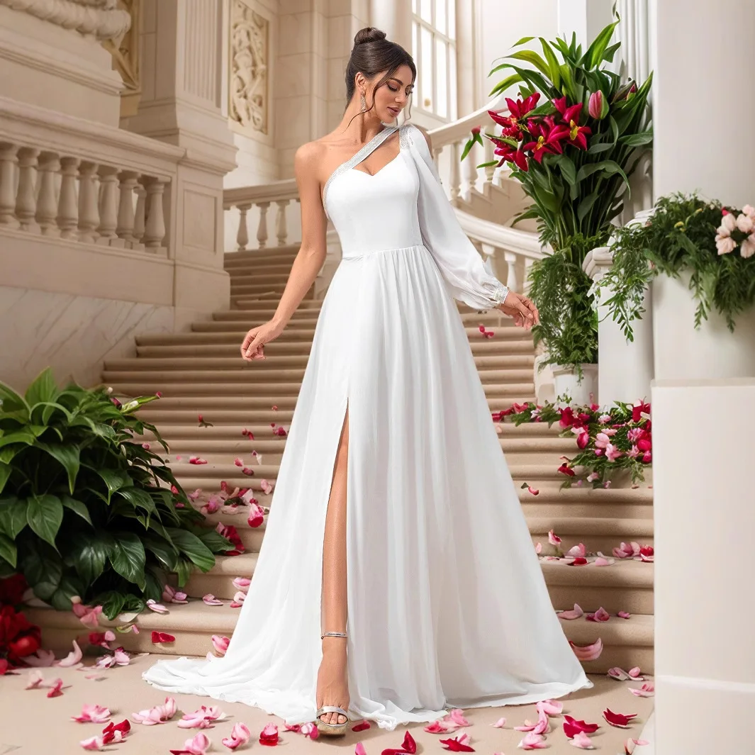 ใหม่ชีฟองแขนไหล่ชุดสําหรับจัดเลี้ยงงานแต่งงานเพื่อนเจ้าสาวชุดราตรี Femme 2025 ฤดูร้อนชุด Robe Vestido ผู้หญิง