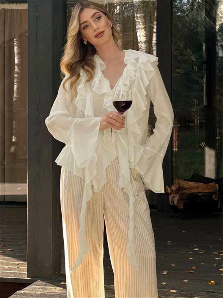 Tossy Ruffled Chiffon Casual Shirts Top Women's See-Through Loose Patchwork V-Neck Summer 2025 Pullover Solid Female Blouse Top