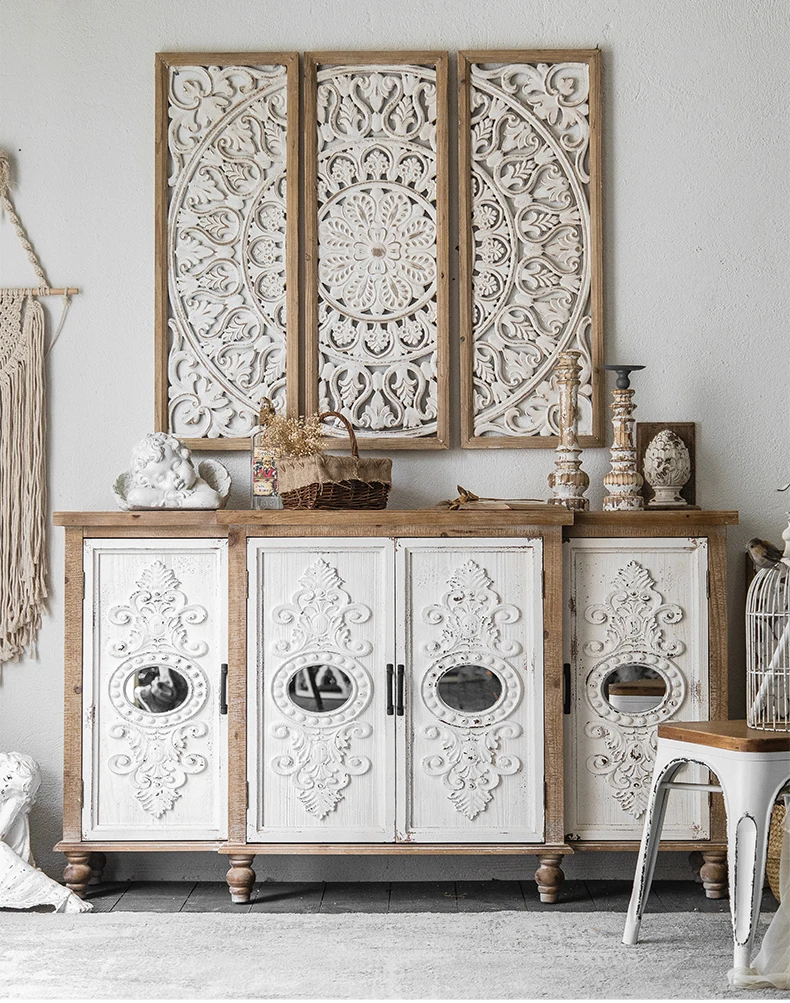 

American retro bohemian cabinet homestay solid wood old restaurant locker shoe cabinet porch carved mirror