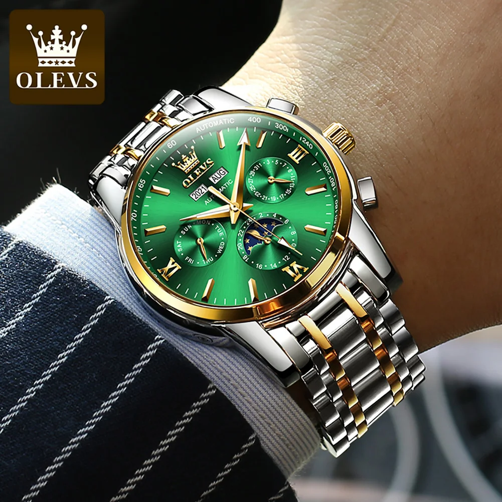 OLEVS Automatic Watches Men Mechanical Wristwatch Luxury Dress Moon Phase Stainless Steel Waterproof Luminous Wristwatch