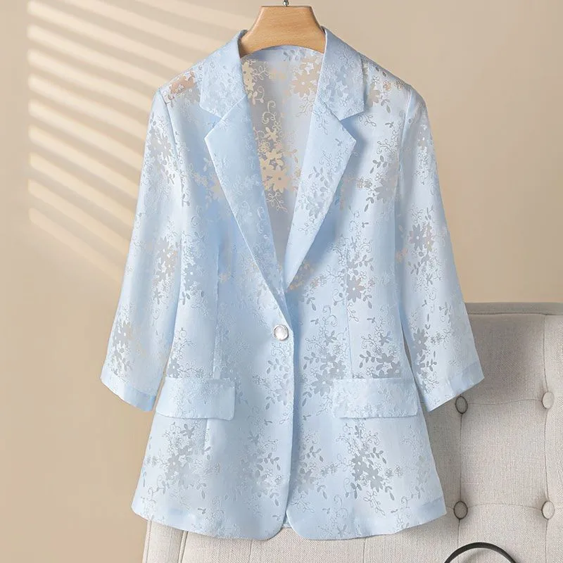 Thin lace Suit Jacket Women's 2024 Summer New Sunscreen Coat Outwear Hollow Seven-Point Fashion Blazer High-Quality Female Top