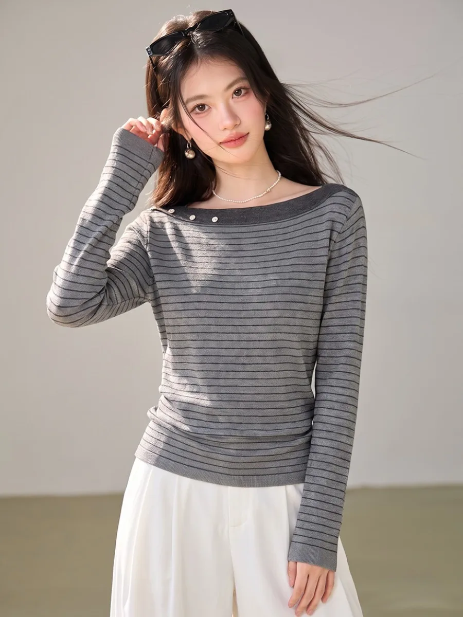 Color Block Long Sleeve Stripe T-Shirt Women's Waist Cinching Side Body Shape Slimming Base Shirt Sexy Shoulder Baring Top