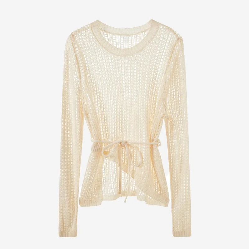 

Quali New Ice Silk Thin Loose Hollow Knitted Sweater Women Summer Lazy Sle Mid-Length Outer irt Top Sweet Sle Loose Fit