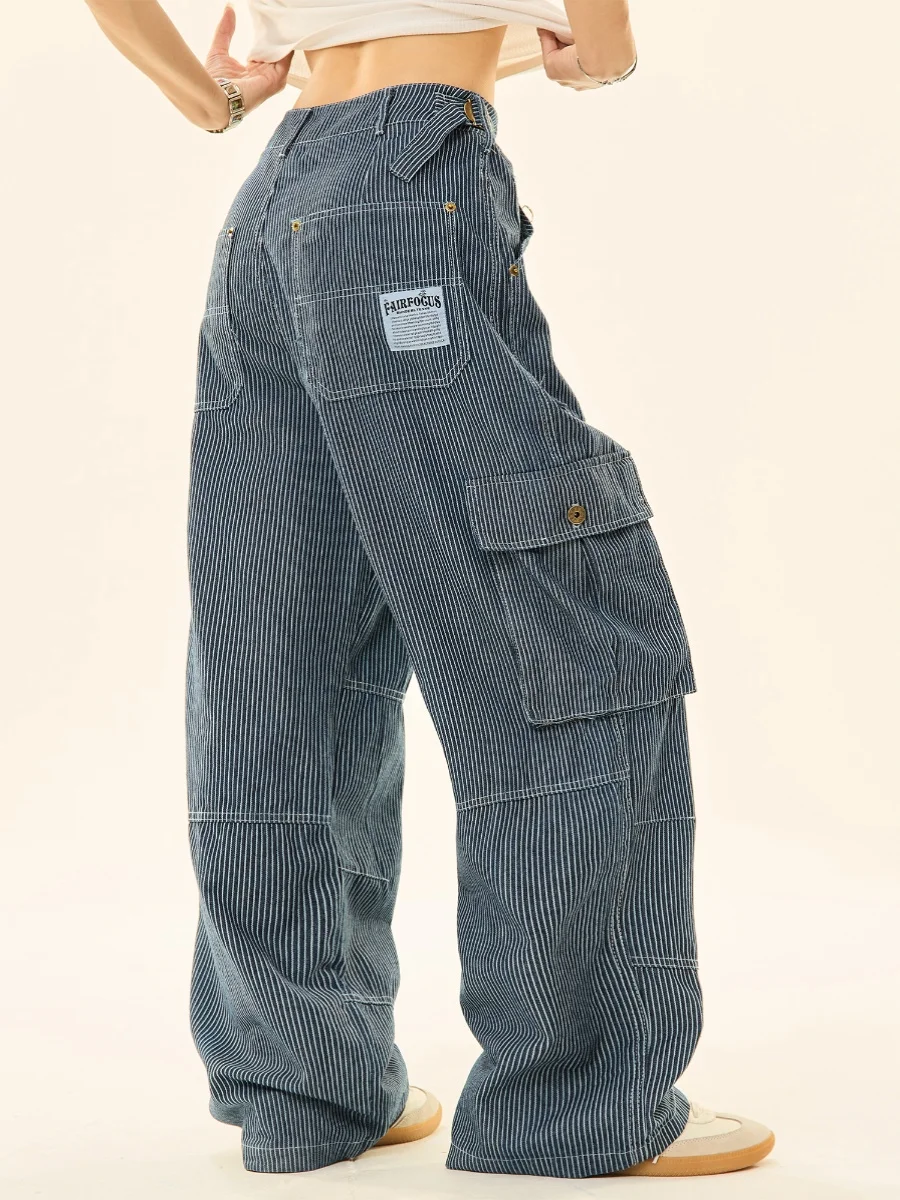 Vêtements de travail rétro américains, jean rayé à jambes droites, pantalon décontracté ample à jambes larges pour hommes et femmes