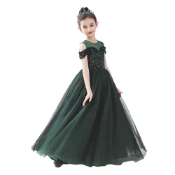 Vestido de lantejoulas de dama de honra, comprimento do chão, manga comprida, elegante, apto para casamentos, aniversário, dama de honra, vestido de concurso, infantil, 1-14 anos