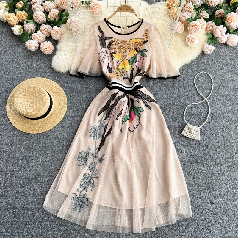 

High Quality Mesh 2023 New Fashion Runway Midi Dress Party Summer Vintage Luxury Embroidery Flower Ruffles Elegant Slim Dress