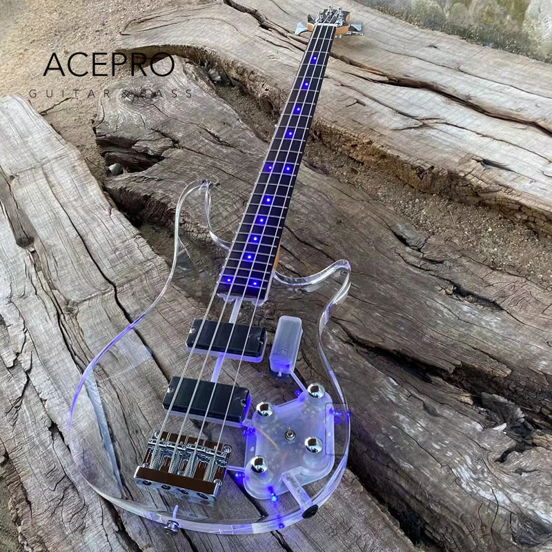 Blue LEDs Light 4 String Acrylic Electric Bass Guitar, Rosewood Fingerboard, Maple Neck, High Quality, Free Shipping