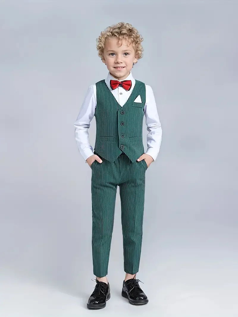 Kids Summer Vest Pants Bowtie 3Pieces Suit Set For Wedding Boys Blue Striped Formal Attire For Host Piano Speech Performance