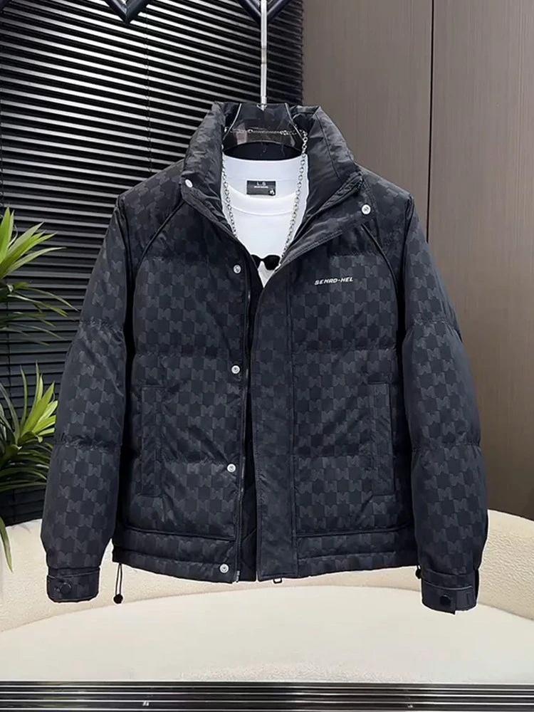 

Мужская пуховая куртка 2026: Новинка зимы, с принтом-надписью, теплая, с воротником-стойкой, приталенная, верхняя одежда