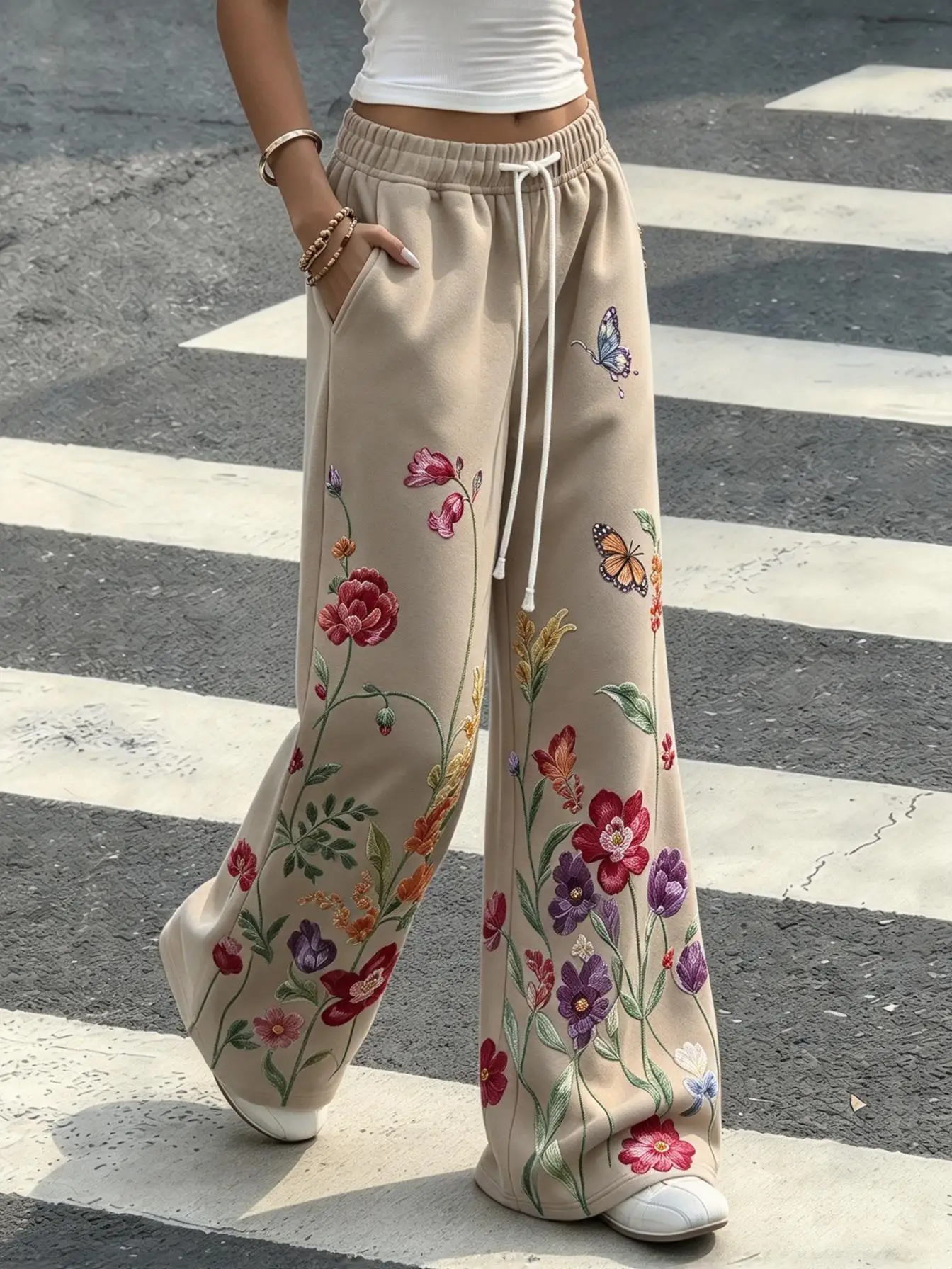 Boho Style Ladies Low Rise Wide Leg Sweatpants Bright Floral & Butterfly Embroidery Print Daily Trousers With Pockets